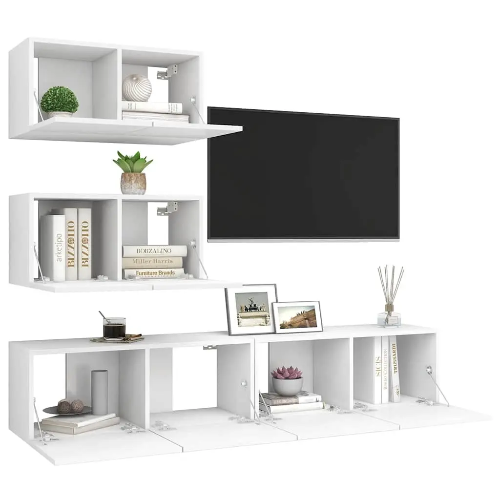 TV Cabinet Set Modern Wall Mounted Storage Unit 4 Piece White