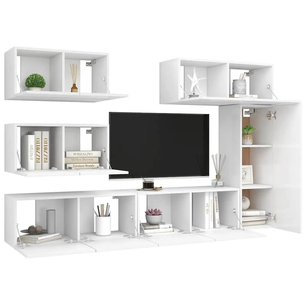 6 Piece TV Cabinet Set White Wall Mounted Storage Unit Living Room Furniture