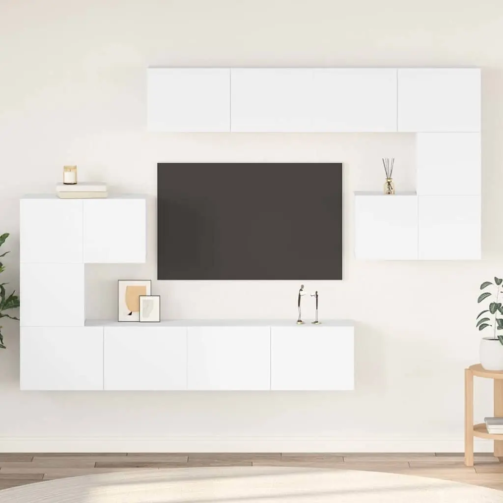 TV Cabinet Set 8 Piece White Wall Mounted Living Room Storage Compartments