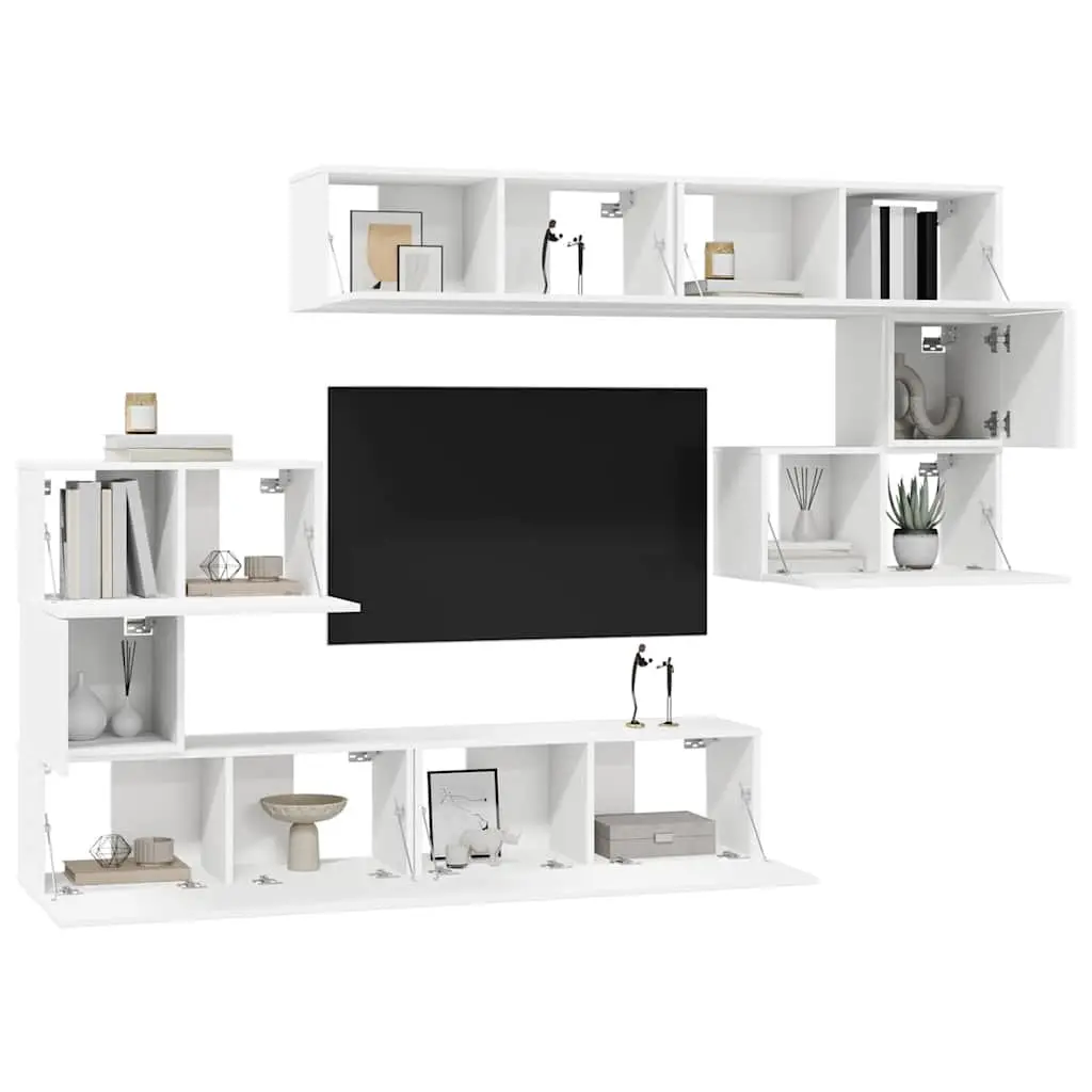 TV Cabinet Set 8 Piece White Wall Mounted Living Room Storage Compartments