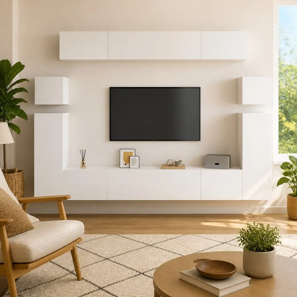 TV Cabinet Set 8 Piece White Wall Mounted Living Room Storage Shelving Unit