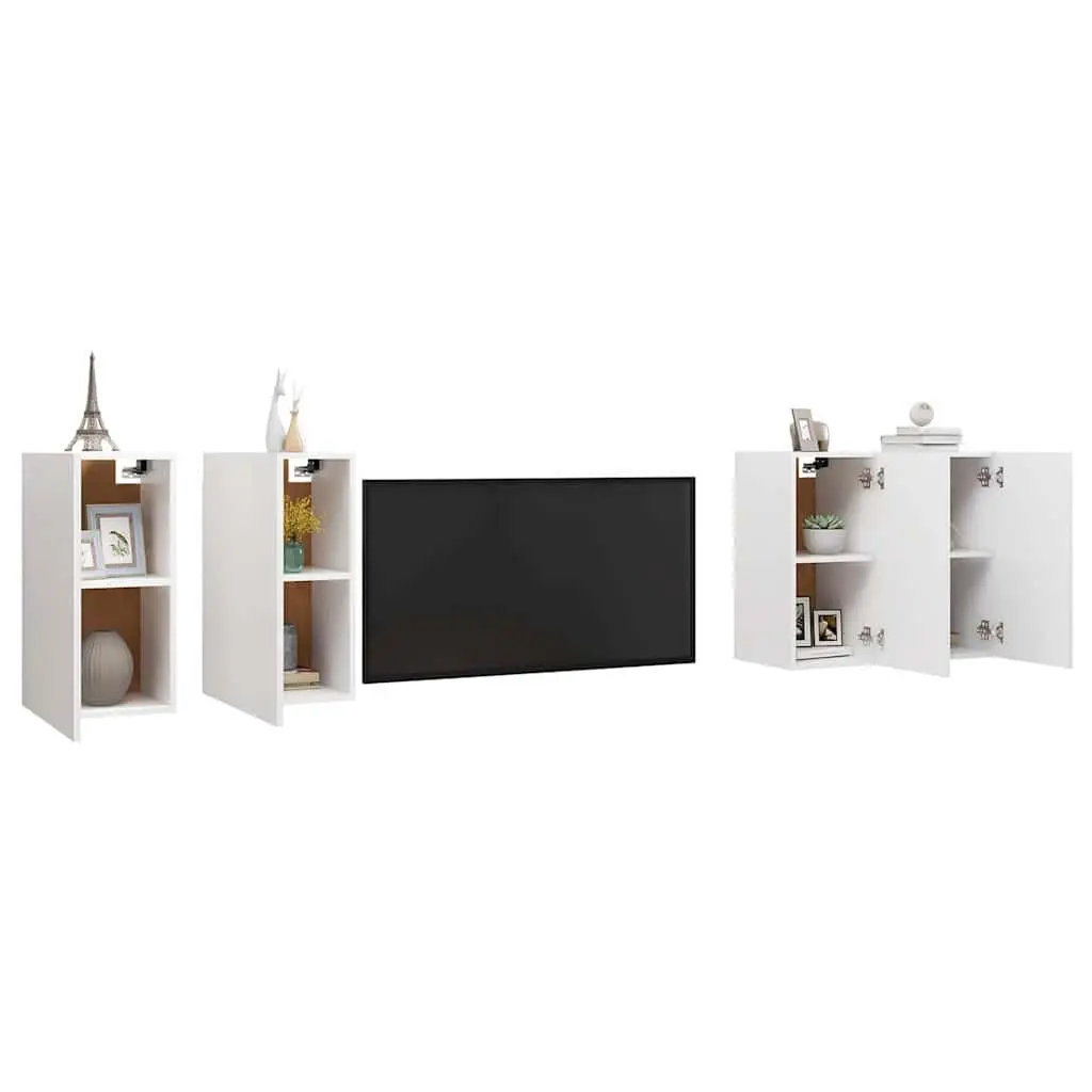Wall Mounted TV Cabinet Set 4 Pieces White Shelving Storage Living Room Unit