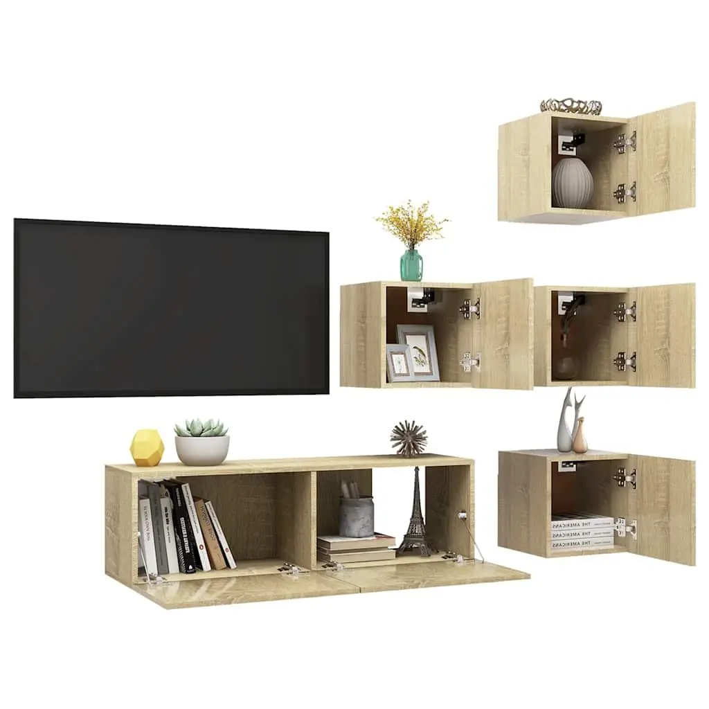 5 Piece TV Cabinet Set Wall Mounted Storage Unit Living Room Furniture Brown