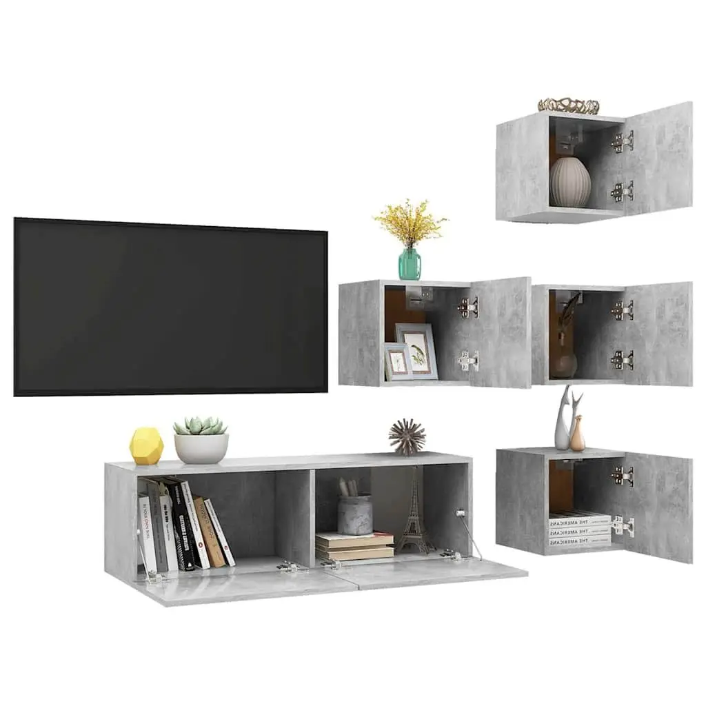 TV Cabinet Set Grey 5 Piece Wall Mounted Modern Living Room Storage Shelving