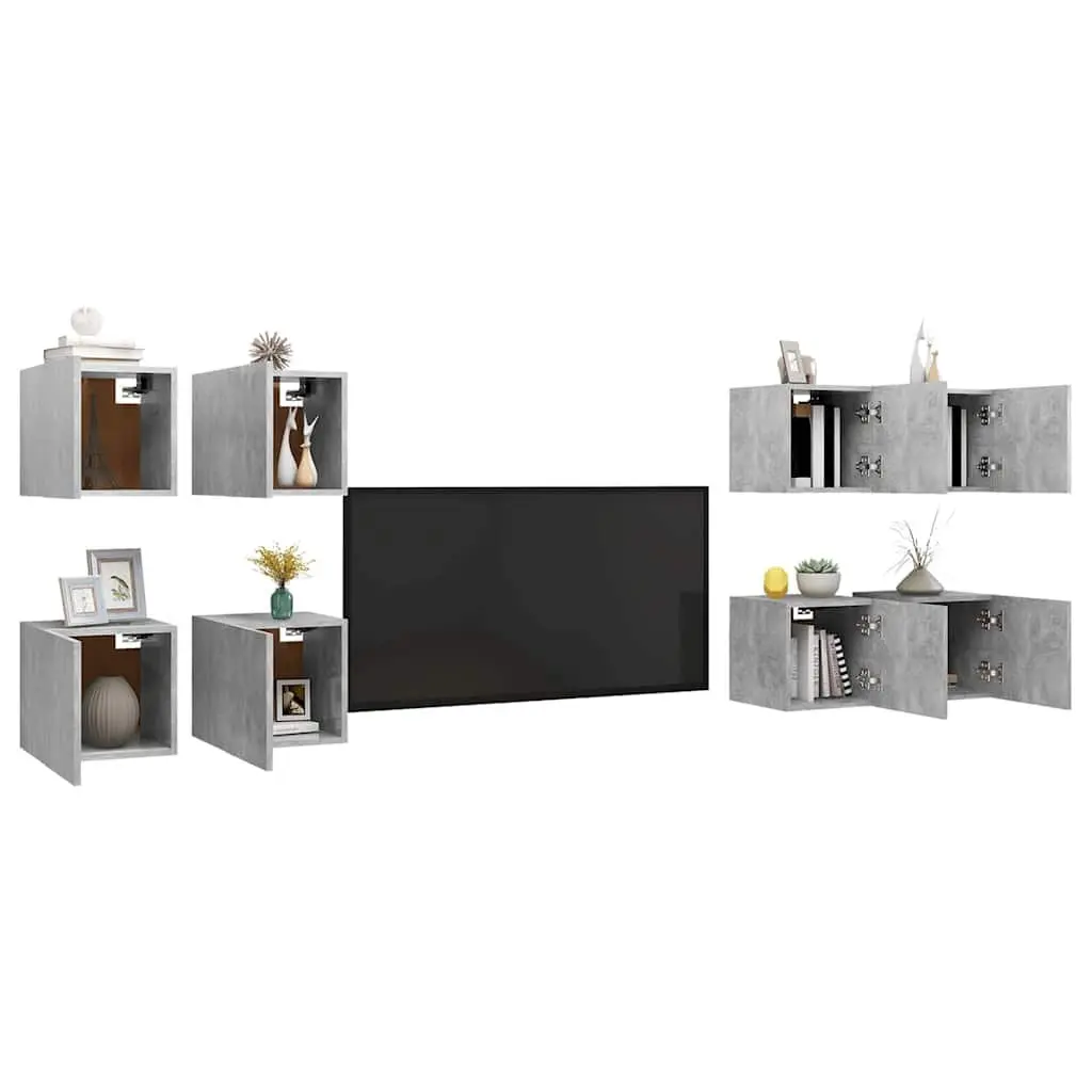 Wall Mounted TV Cabinet Unit Storage Compartment 8 Piece Set Concrete Grey