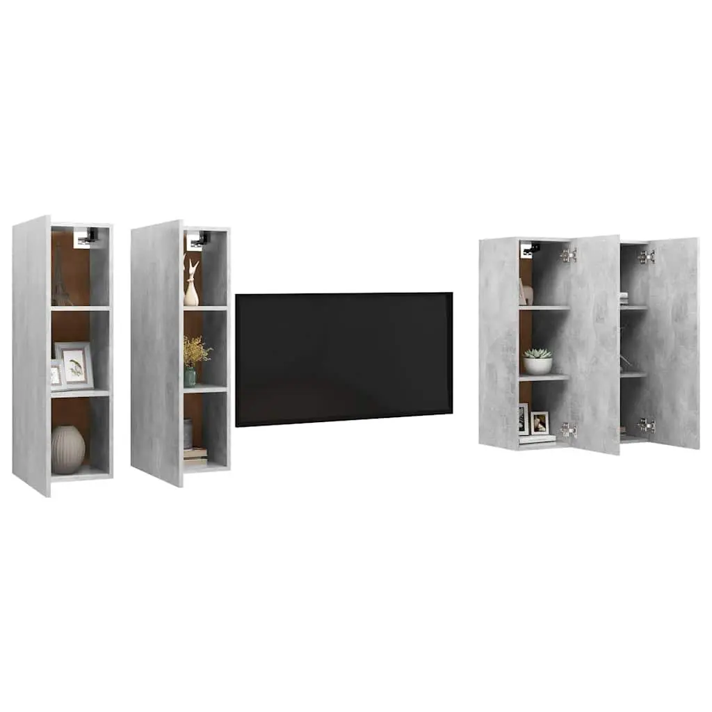 Wall-Mounted TV Cabinet Set 4 Pcs Grey Engineered Wood Shelving Unit Storage