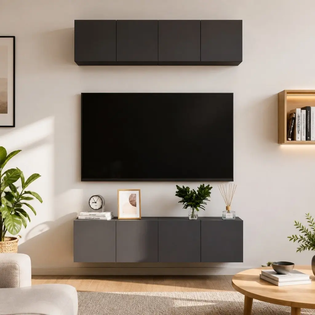 High Gloss Grey TV Cabinet Set 4 Pieces Wall Mounted Storage Unit Engineered