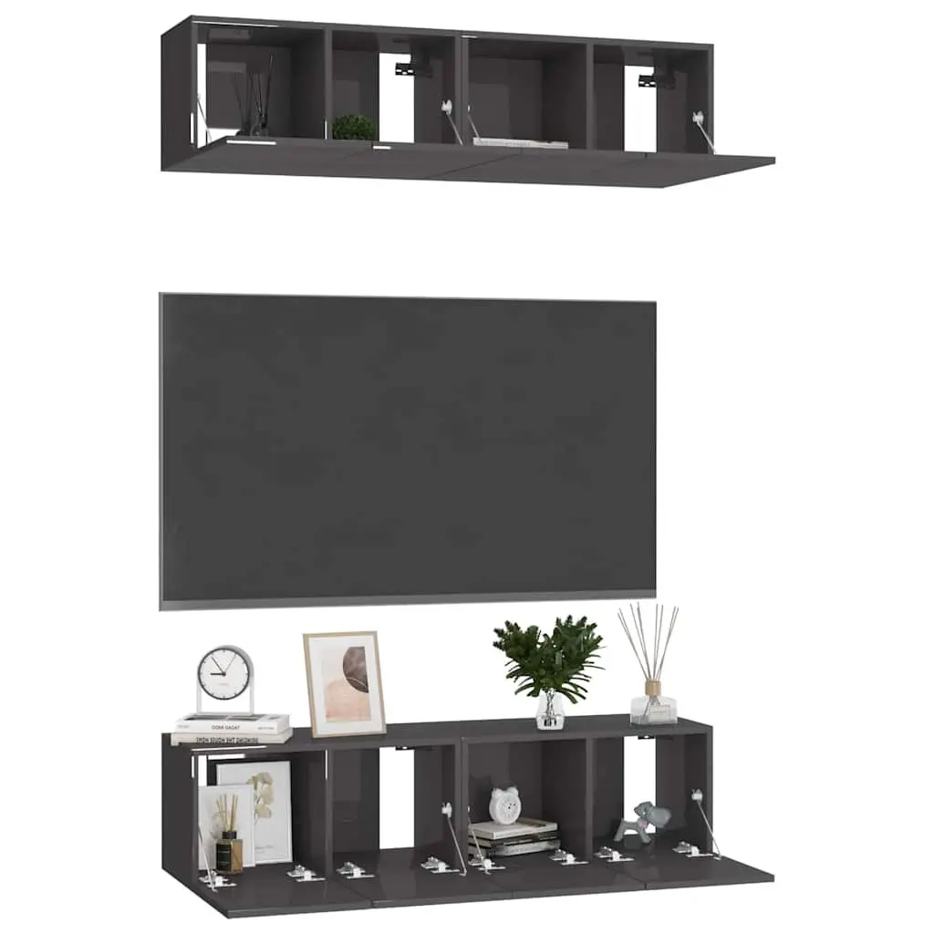 High Gloss Grey TV Cabinet Set 4 Pieces Wall Mounted Storage Unit Engineered