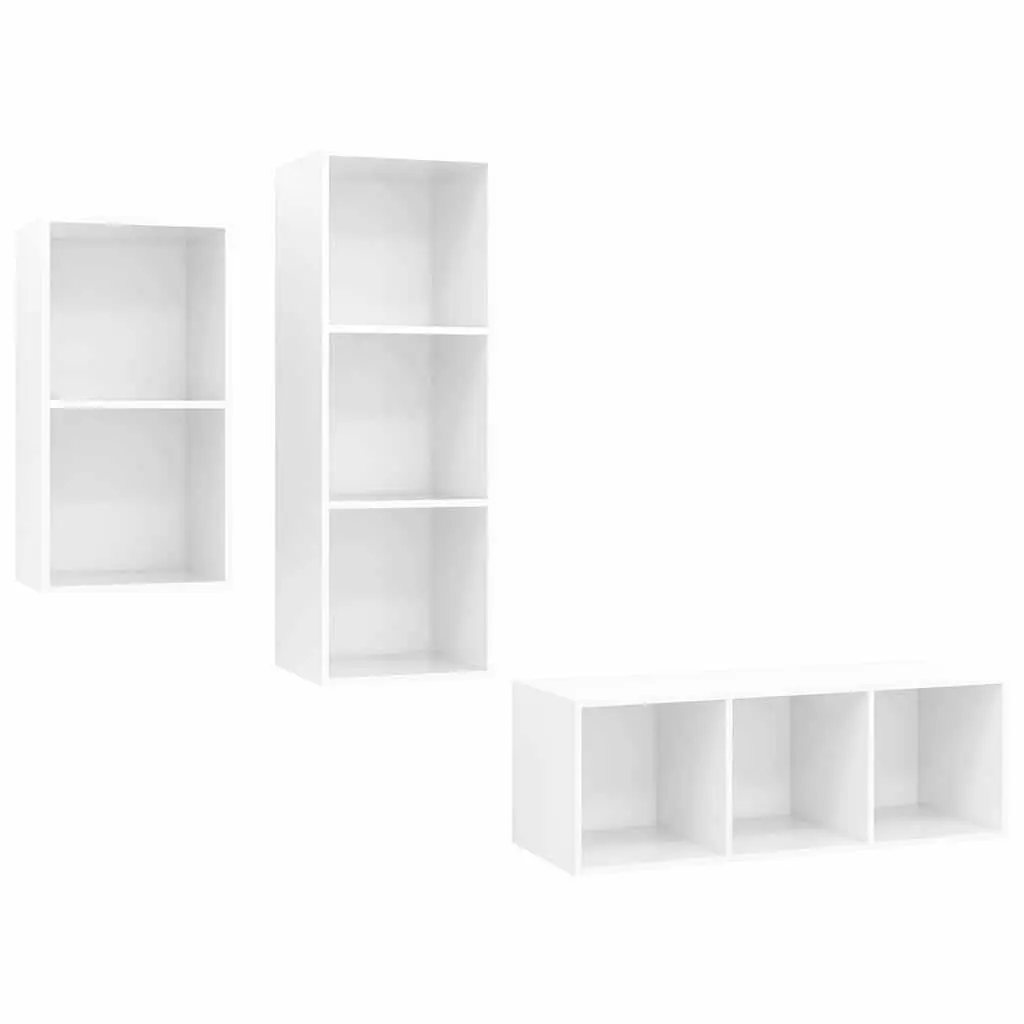 3 Piece High Gloss White Storage Unit Wall Mounted TV Cabinet Set for Home Entertainment