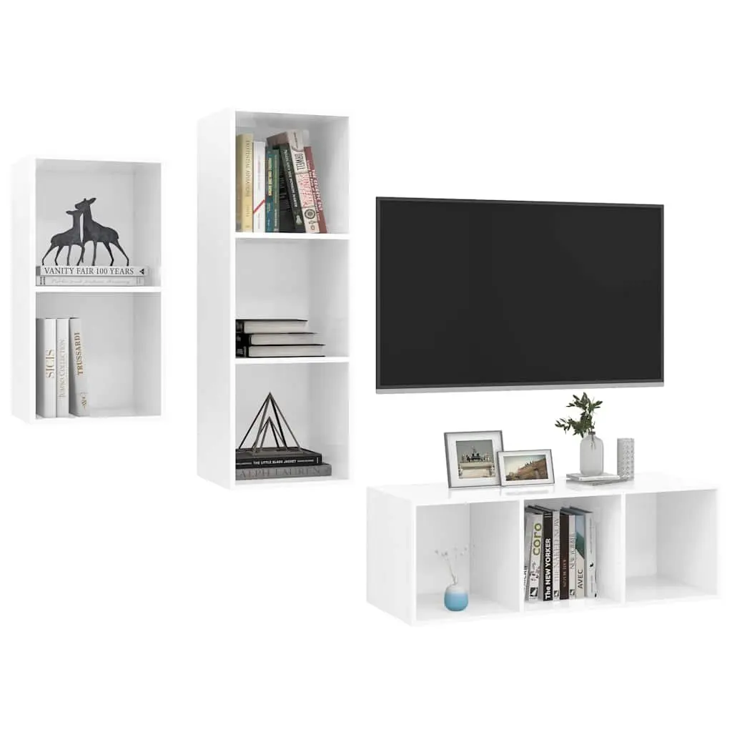 3 Piece High Gloss White Storage Unit Wall Mounted TV Cabinet Set for Home Entertainment