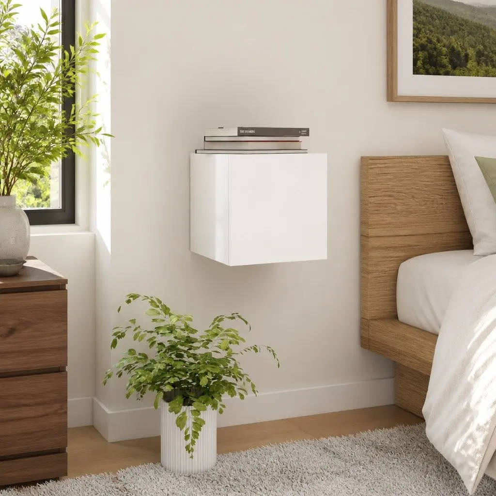 White Wall-Mounted Bedside Cabinet with Storage