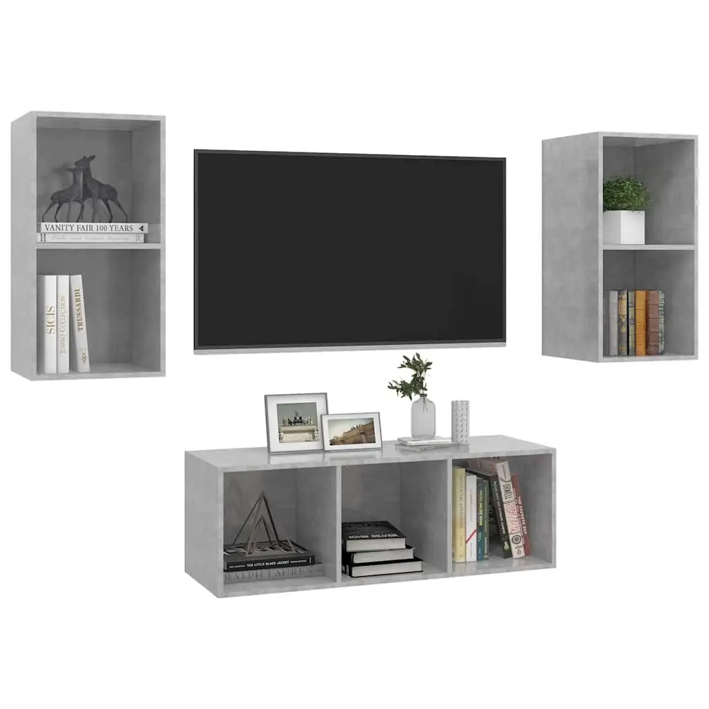 TV Cabinet Set 3 Piece Wall Mounted Storage Grey Engineered Wood Display Unit