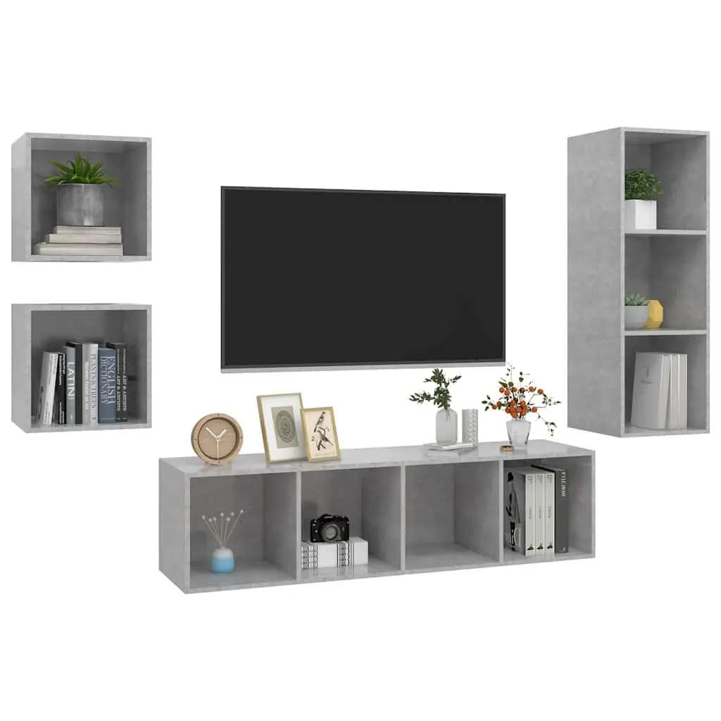 4 Piece Grey Engineered Wood Wall Mounted Storage Cabinet Set for TV and Organising Media