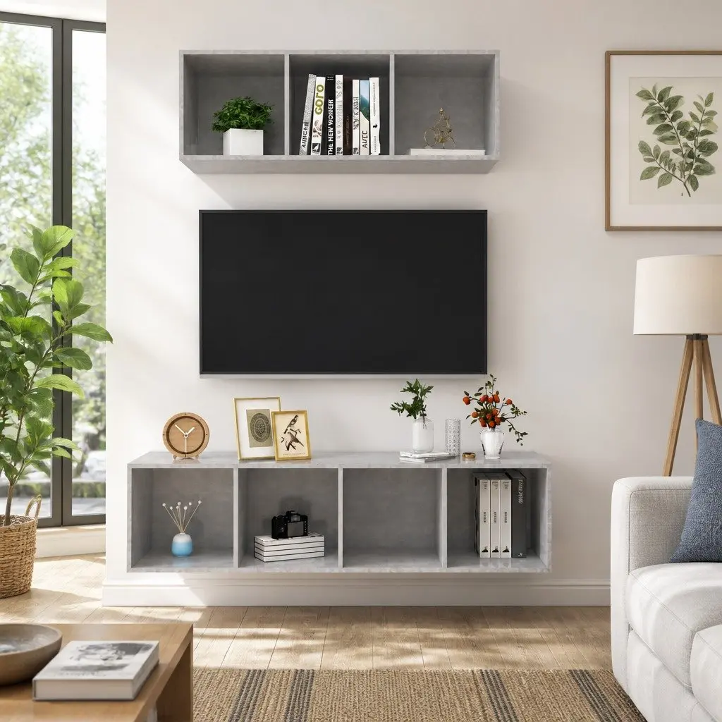Floating TV Cabinet Set Grey Engineered Wood Wall-Mounted Storage Unit 2 Piece