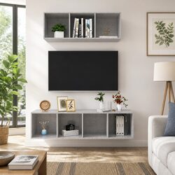 Wall-Mounted TV Cabinet Set Grey Storage Unit Engineered Wood Floating Shelf