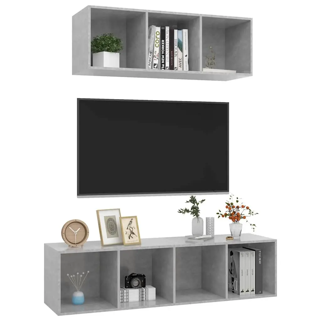 Floating TV Cabinet Set Grey Engineered Wood Wall-Mounted Storage Unit 2 Piece