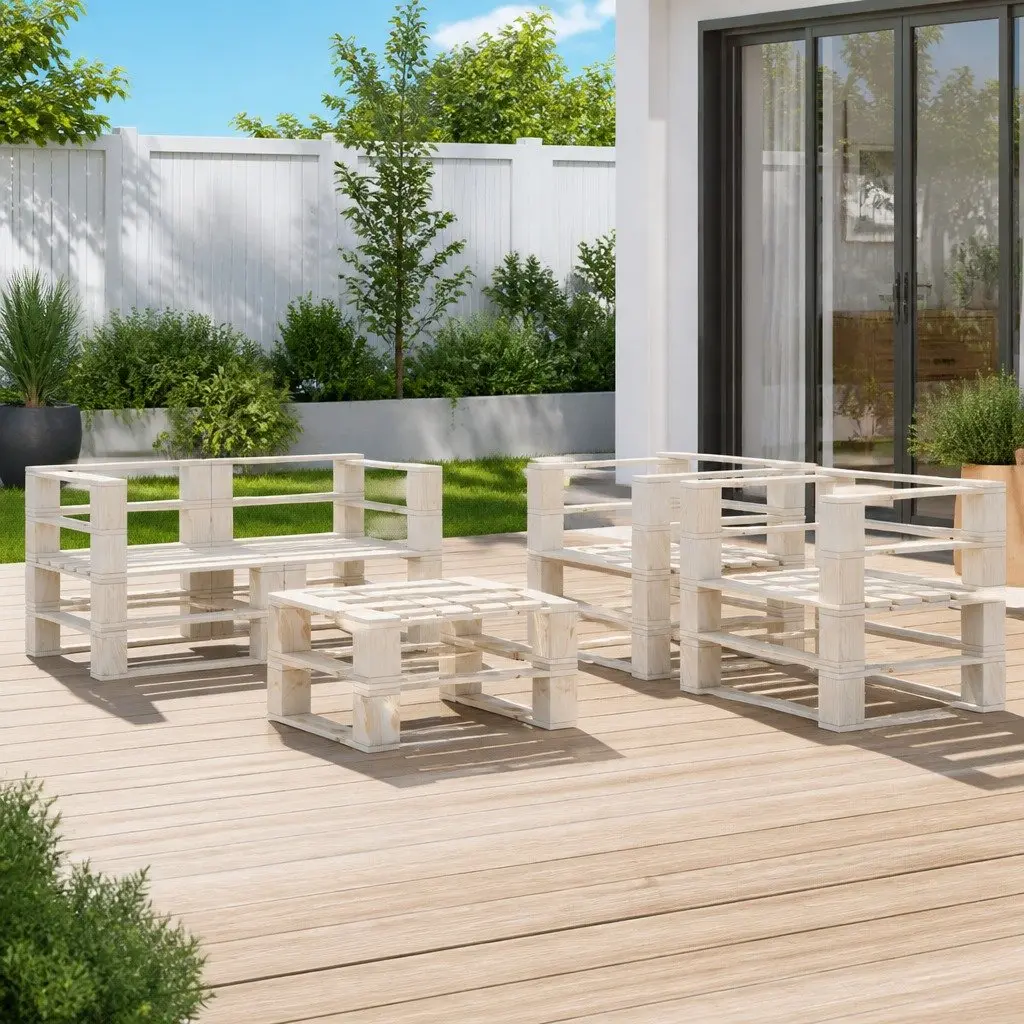 5 Piece Garden Pallet Lounge Set Outdoor Furniture White Wooden Sofa Coffee Table