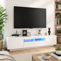 Practical White TV Cabinet with RGB LED Ambient Lighting 180x35x40 cm
