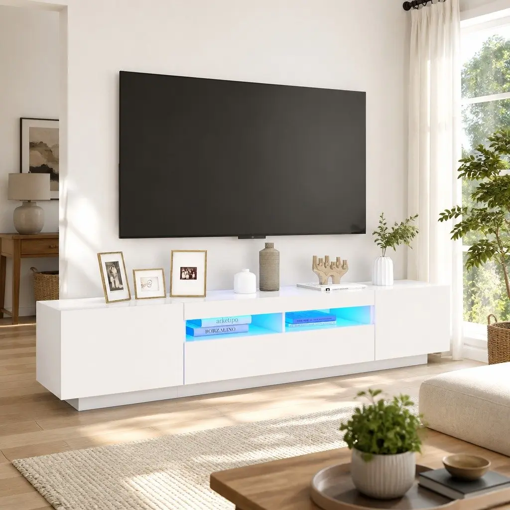 TV Cabinet RGB LED Lights White Living Room Storage Unit 200x35x40 cm