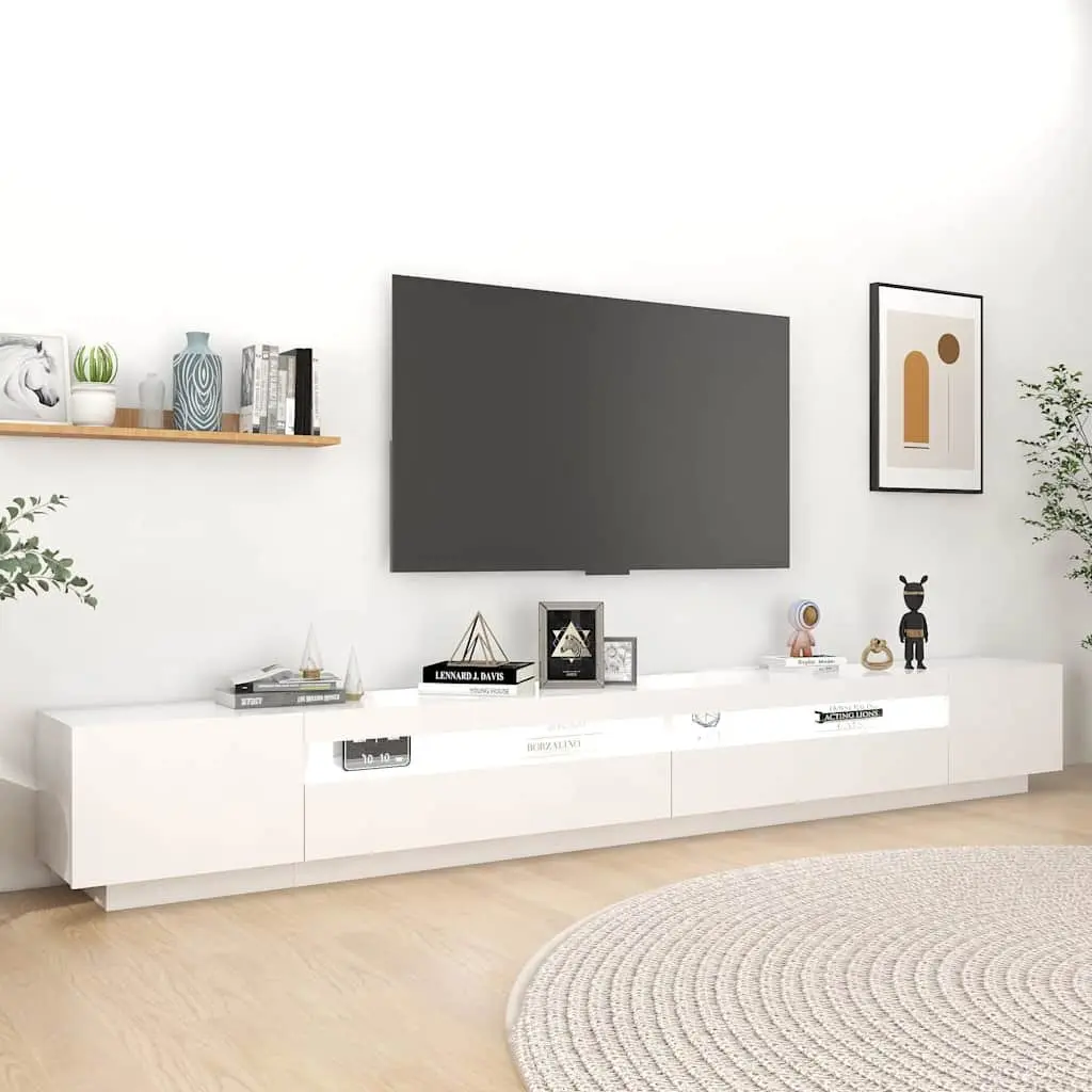 TV Cabinet Media Storage Unit 300cm White with LED Lights