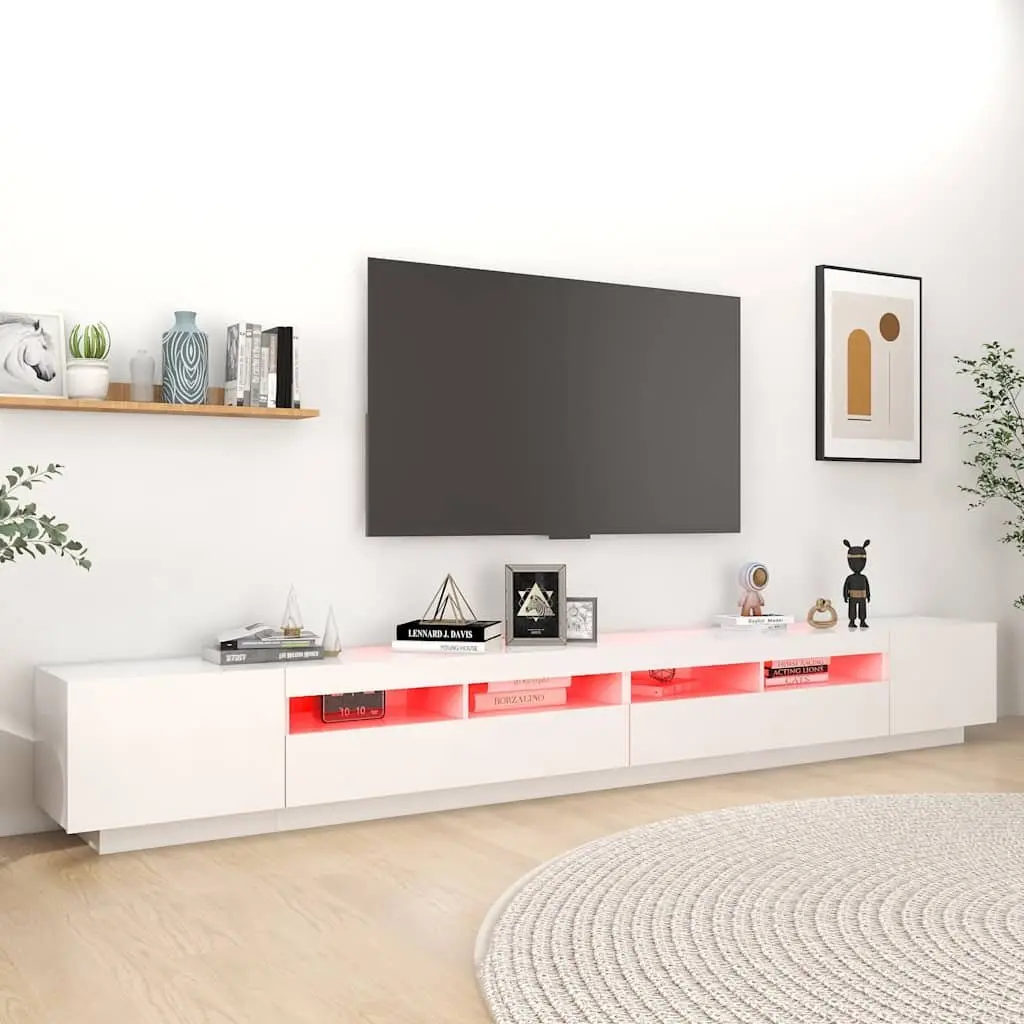 TV Cabinet Media Storage Unit 300cm White with LED Lights