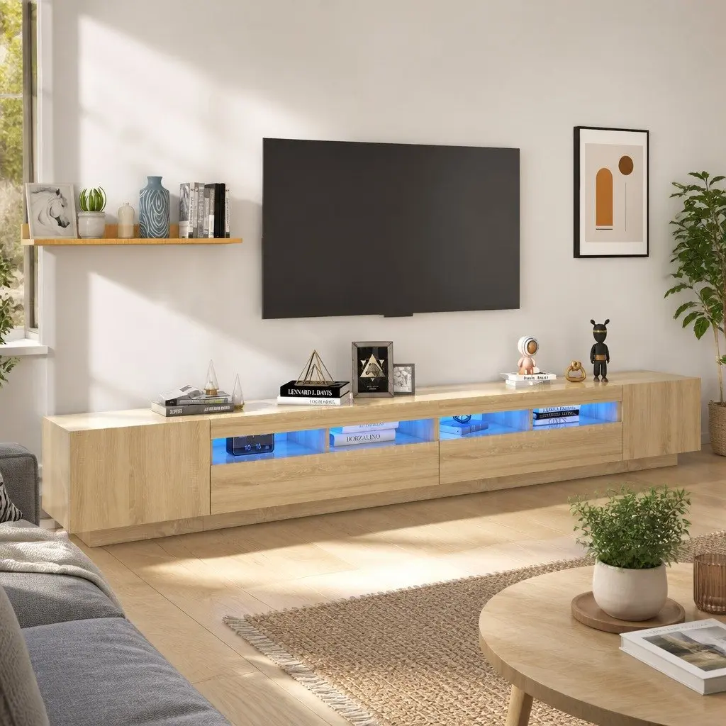 TV Cabinet Media Storage Unit RGB LED Lights Brown Wood 300x35x40cm