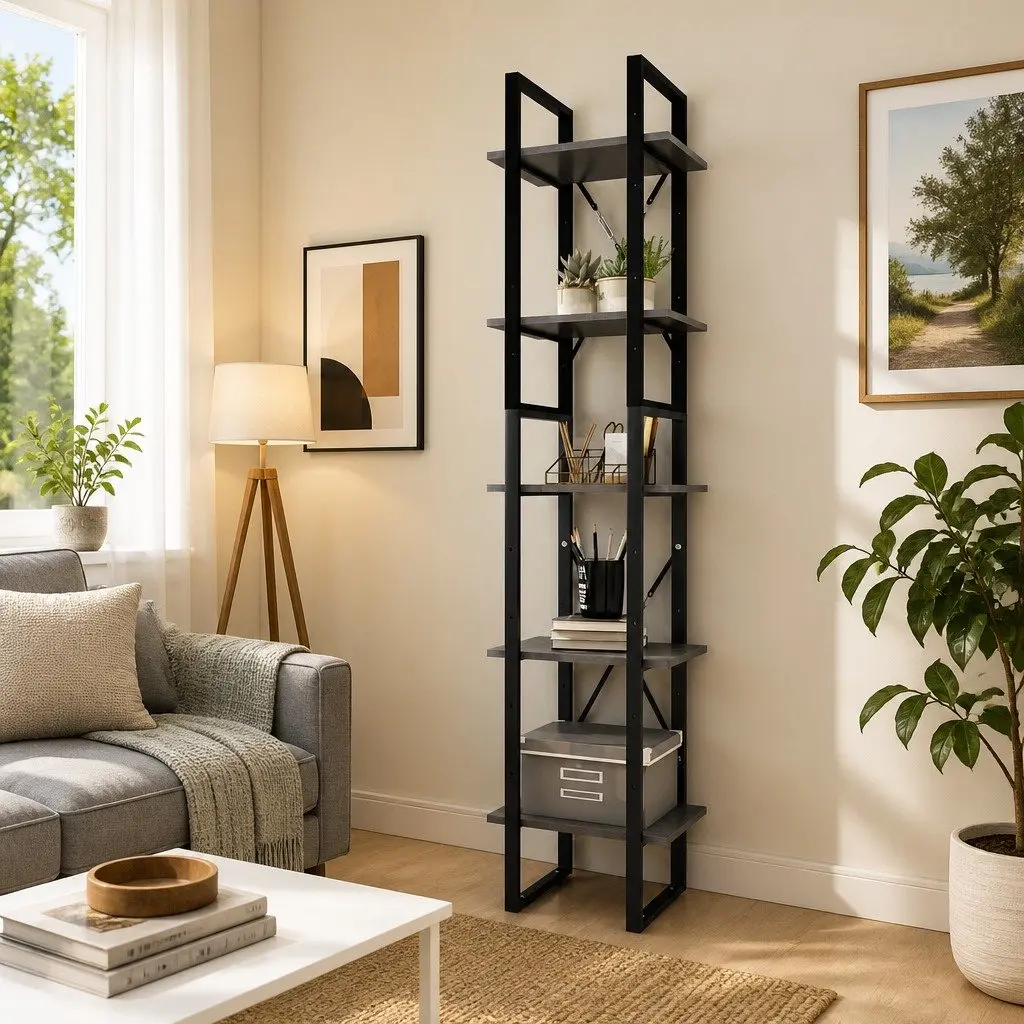 5-Tier Book Cabinet Storage Shelving Unit 40x30x175cm Grey Pinewood Metal Frame