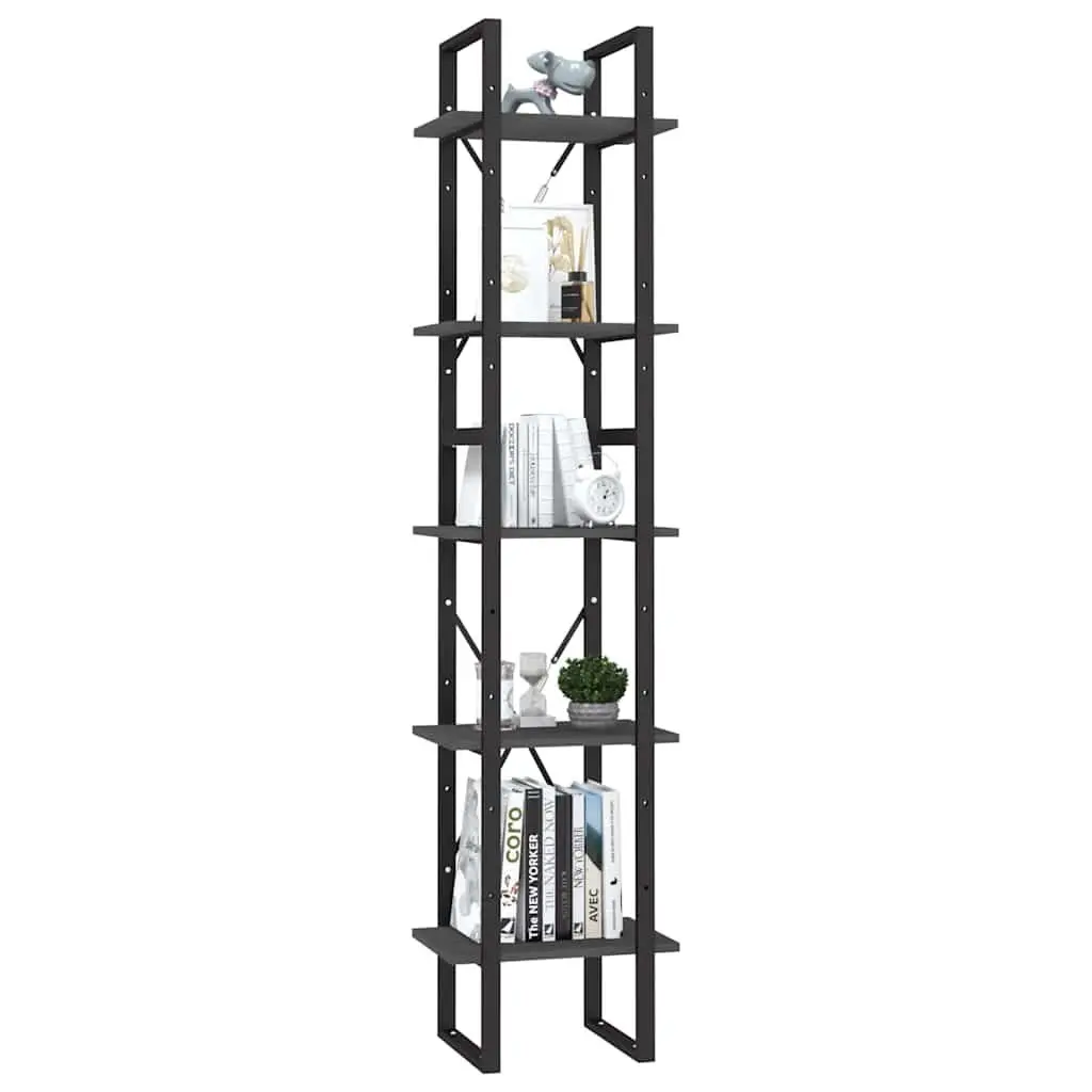 5-Tier Book Cabinet Storage Shelving Unit 40x30x175cm Grey Pinewood Metal Frame