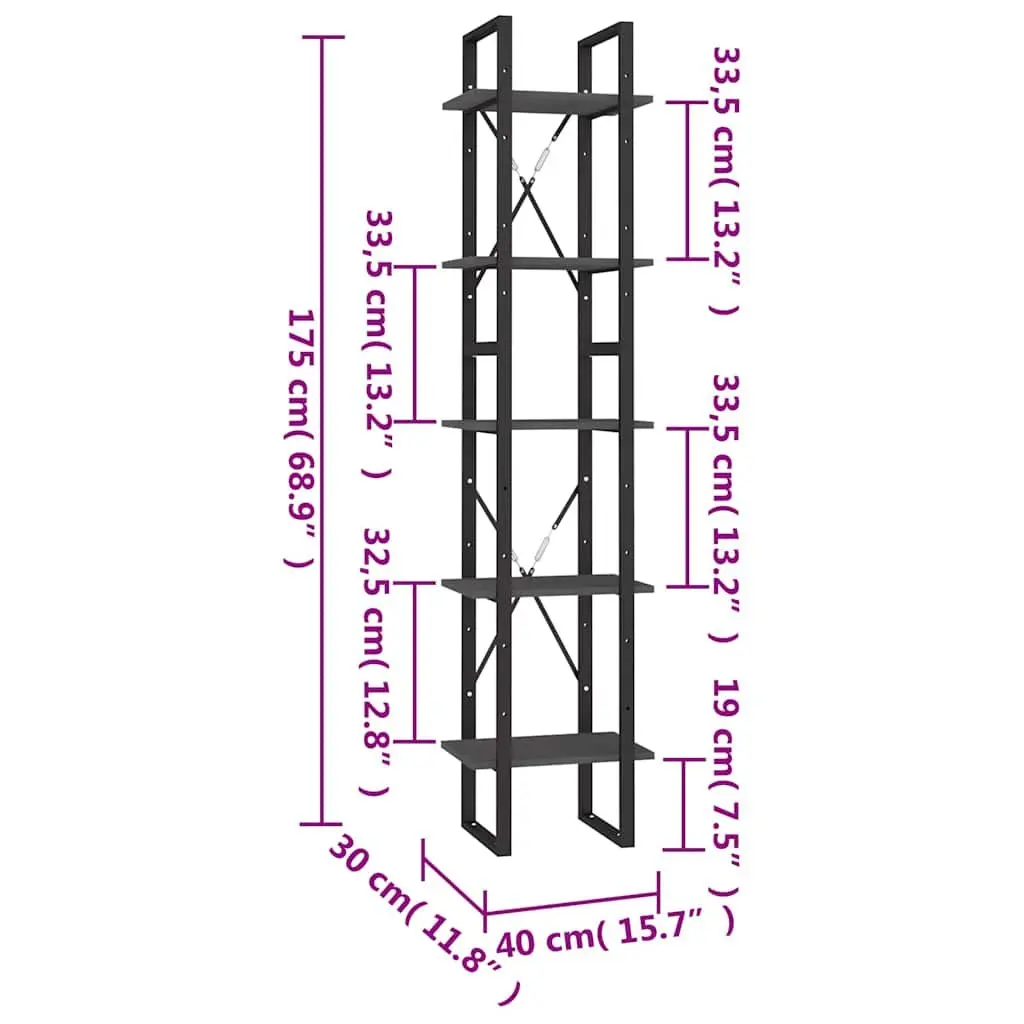 5-Tier Book Cabinet Storage Shelving Unit 40x30x175cm Grey Pinewood Metal Frame