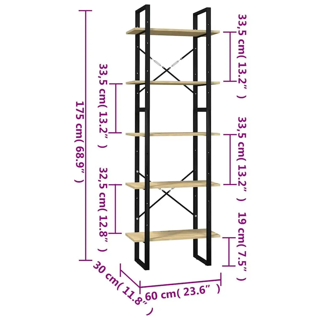 5-Tier Book Cabinet Shelving Unit Organizing Display 60x30x175 cm Brown Wooden