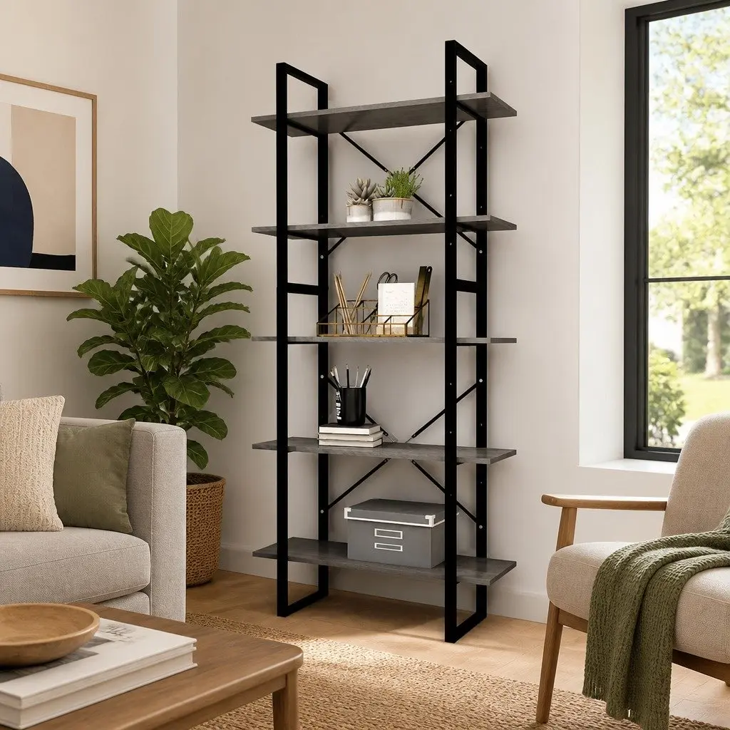 5-Tier Bookshelf Storage Display Grey Pinewood Metal Frame 80 x 30 x 175 cm