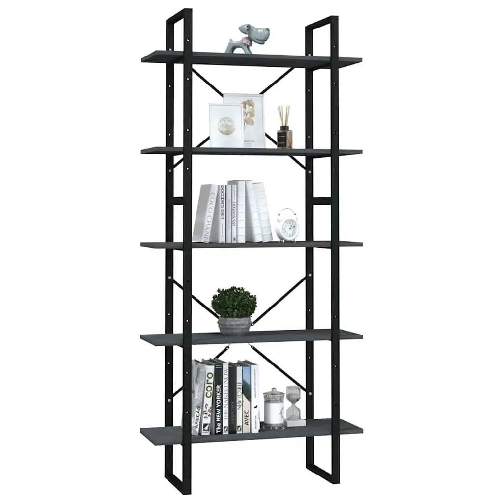 5-Tier Bookshelf Storage Display Grey Pinewood Metal Frame 80 x 30 x 175 cm
