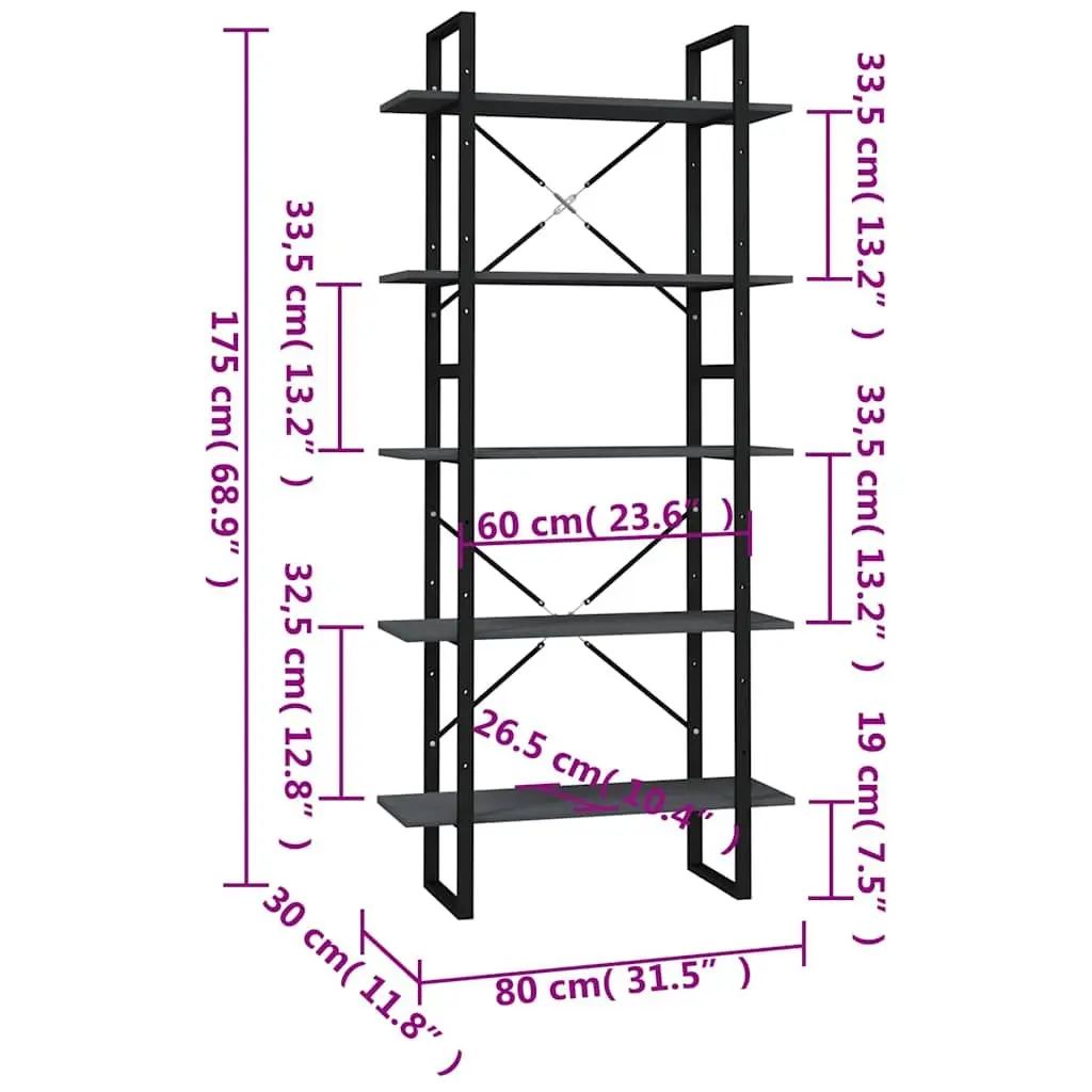 5-Tier Bookshelf Storage Display Grey Pinewood Metal Frame 80 x 30 x 175 cm