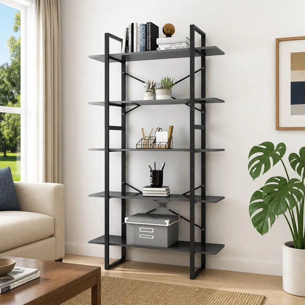 5-Tier Book Cabinet Storage Display Bookshelf Grey Engineered Wood Shelving Unit