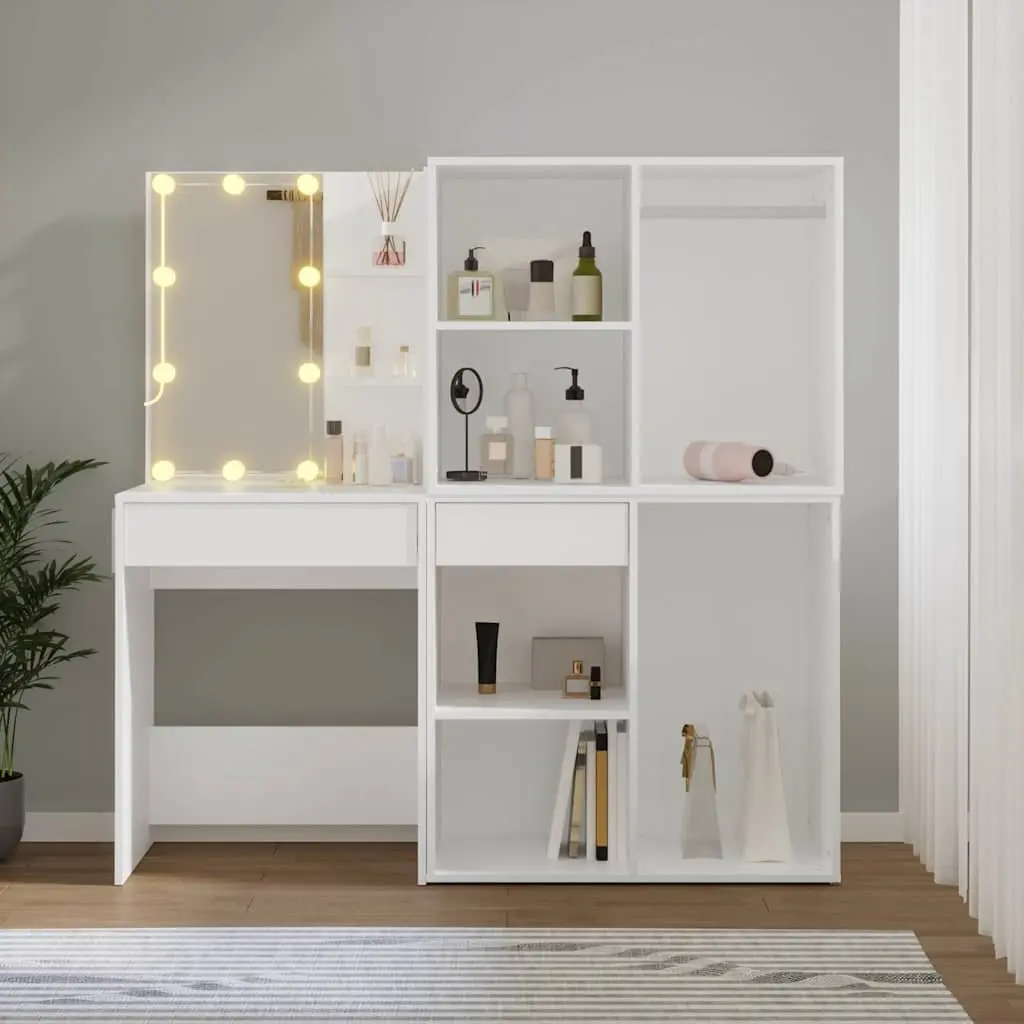 LED Dressing Table Makeup Vanity with Mirror 2 Storage Cabinets White