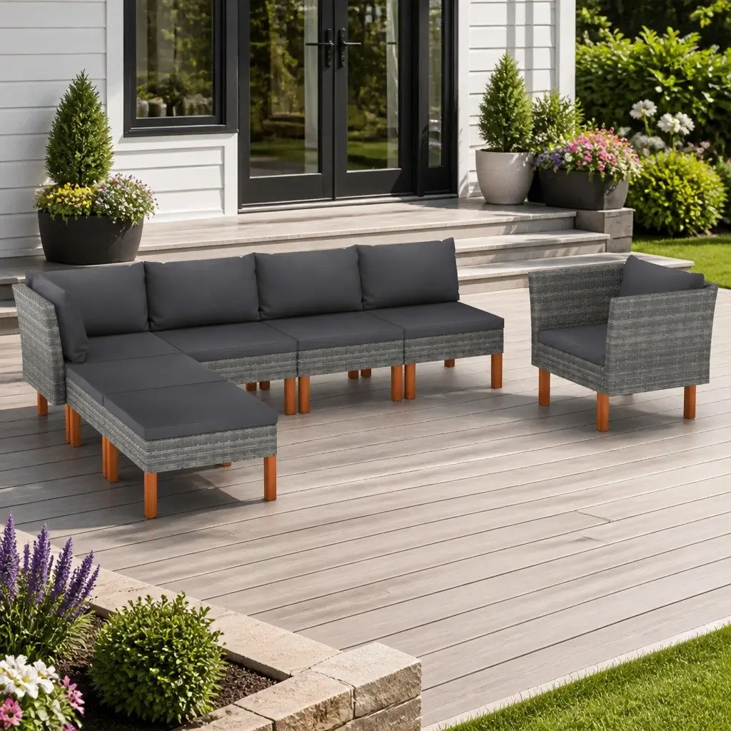 Outdoor Sofa Set 7 Piece Garden Lounge Grey Eucalyptus Wood PE Rattan Steel