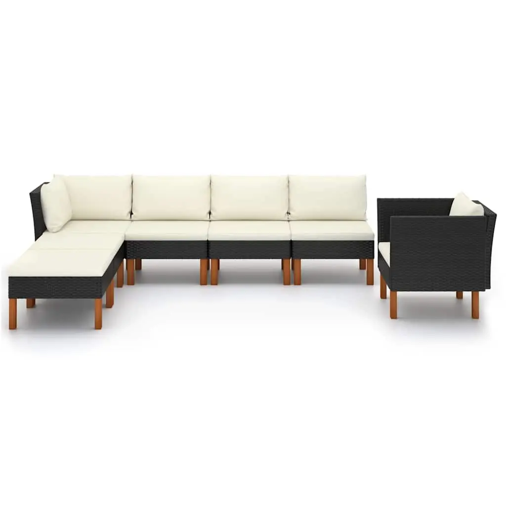 Garden Lounge Set 7 Pieces Outdoor Furniture Black PE Rattan Eucalyptus Wood Steel Frame
