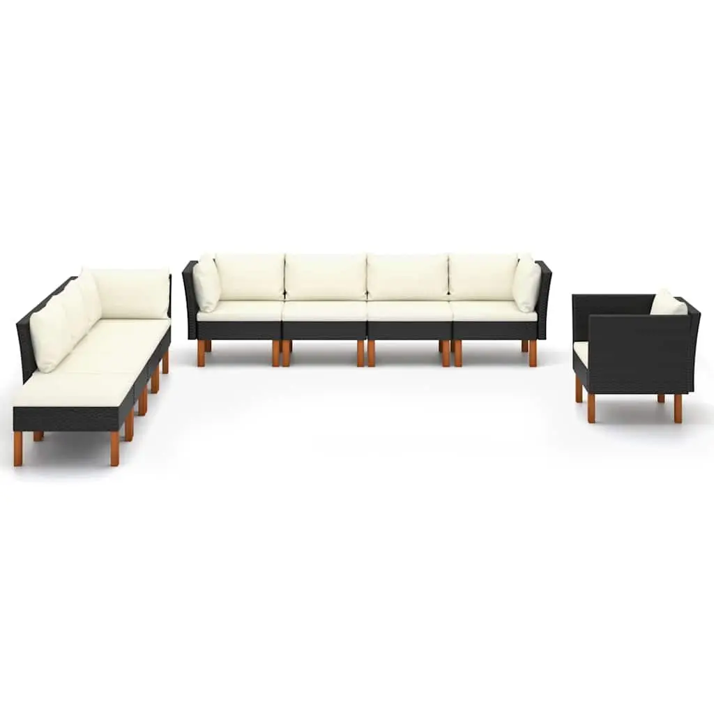 Outdoor Sofa Set 9 Piece Garden Lounge Lightweight PE Rattan Steel Frame Eucalyptus Wood Black