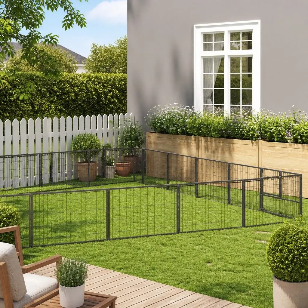 Dog Kennel Outdoor Exercise Enclosure Steel Wire Mesh Lockable Door Silver