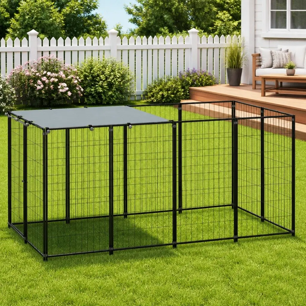 Dog Kennel Outdoor Exercise Play Pen Area 2.42m² Black Steel