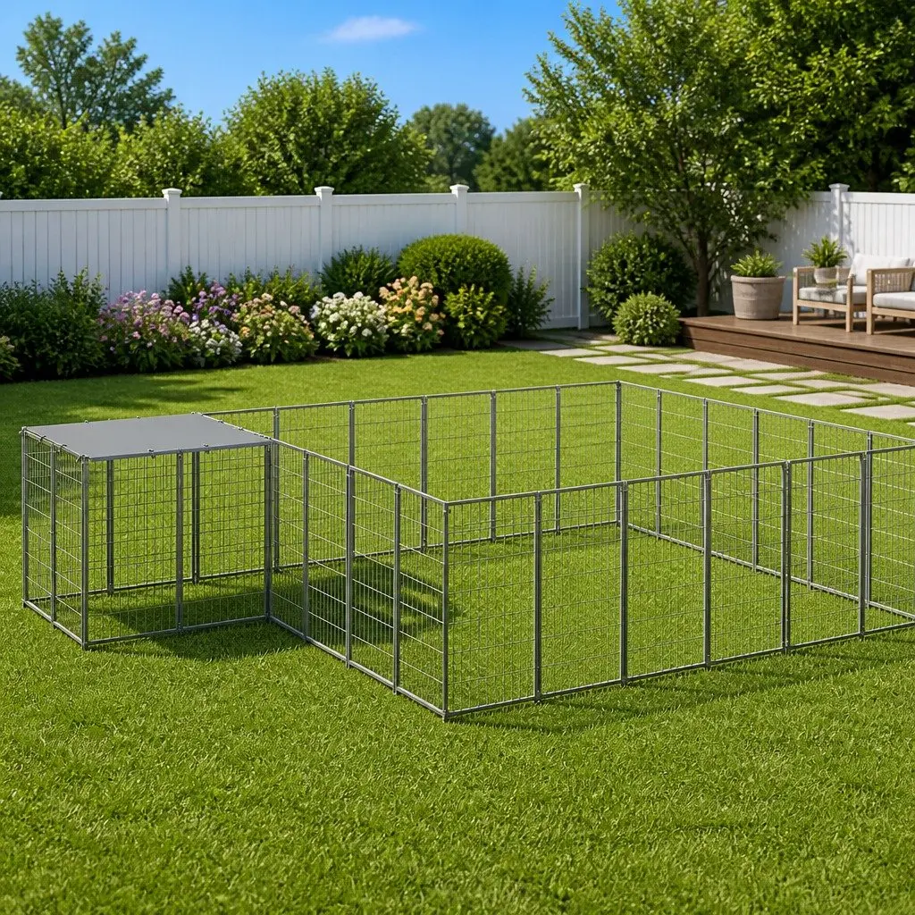 Large Outdoor Dog Cage Steel Wire Mesh Kennel Enclosure Silver