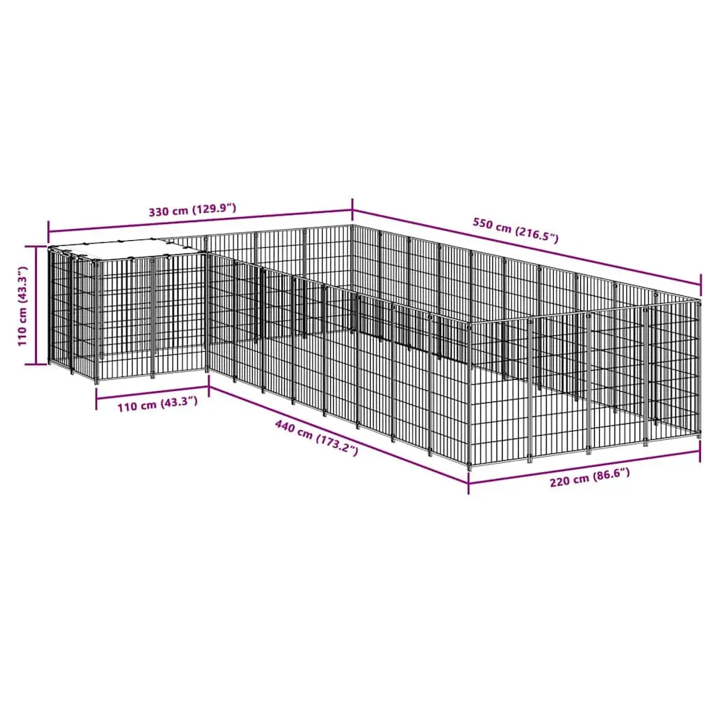 Outdoor Dog Kennel Steel Enclosure Large Play Area Silver