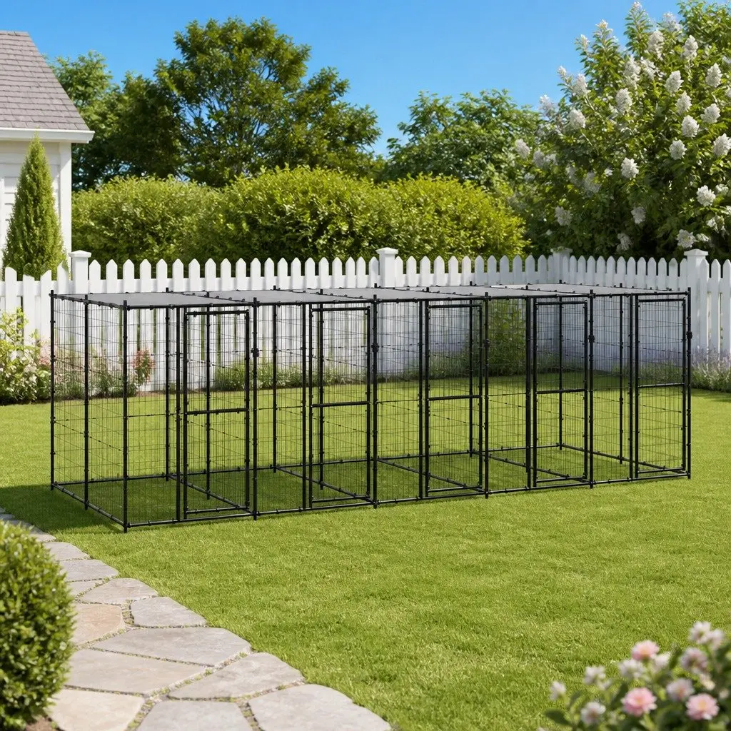 Dog Kennel Outdoor Exercise Enclosure Large Black Steel Mesh Roof