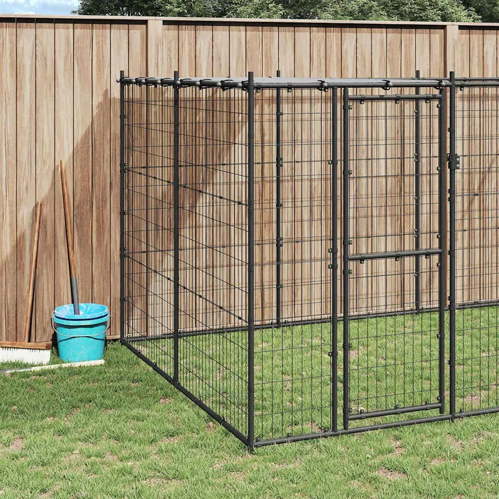 Dog Kennel Outdoor Exercise Enclosure with Roof Canopy 12.1m² Black