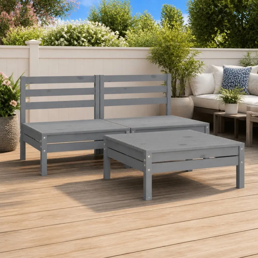 Garden Lounge Set 3 Piece Grey Solid Pinewood Outdoor Furniture Modular