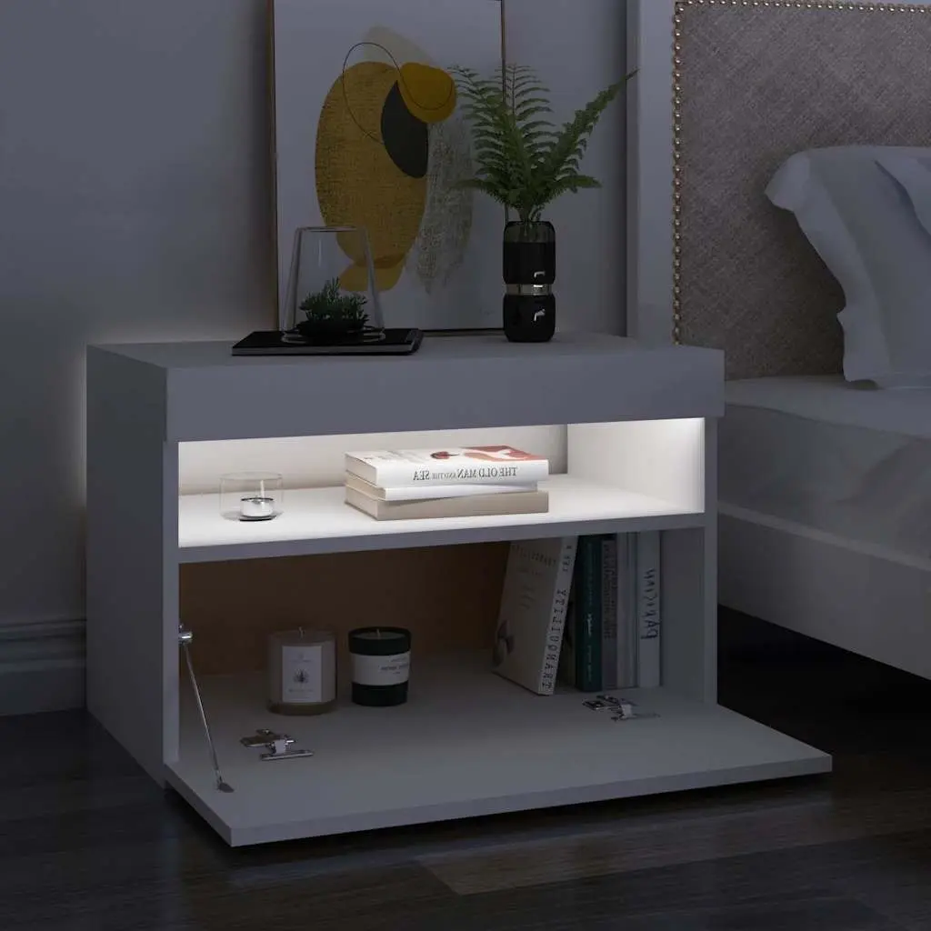 White Bedside Cabinet with RGB LED Lights Nightstand Side Table Storage