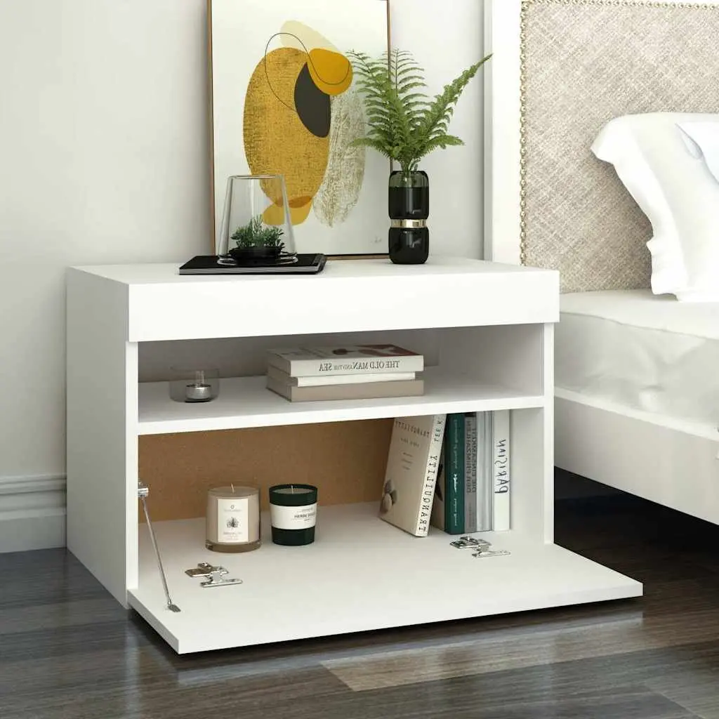 White Bedside Cabinet with RGB LED Lights Nightstand Side Table Storage