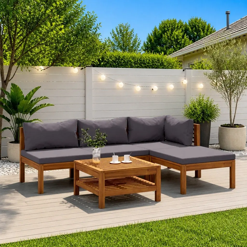 5 Piece Garden Lounge Set Outdoor Furniture Grey Acacia Wood Cushions