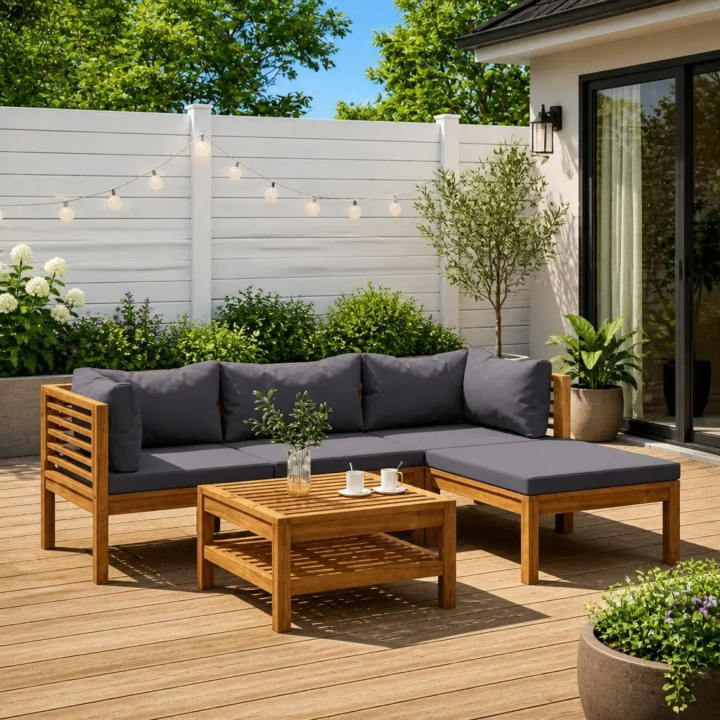 5 Piece Garden Lounge Set Outdoor Furniture Grey Acacia Wood Sofa Coffee Table