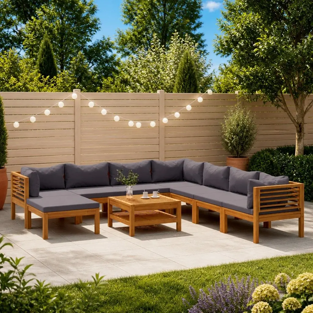 Outdoor Lounge Set 9 Piece Garden Furniture Acacia Wood Grey Cushion